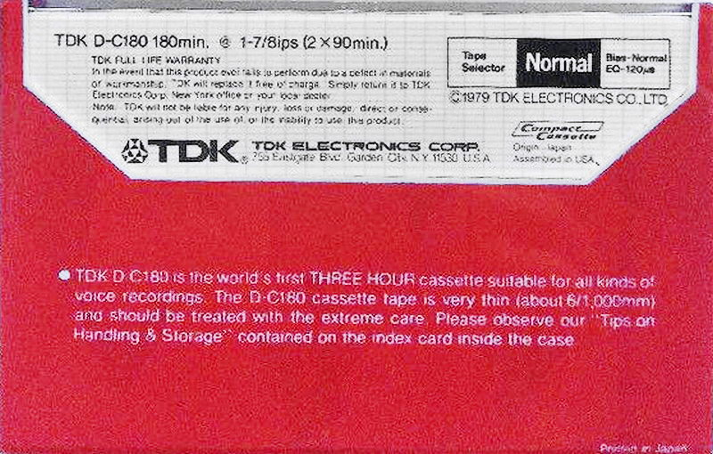 Compact Cassette TDK D 180 Type I Normal 1979 USA