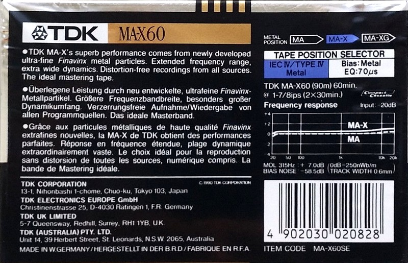 Compact Cassette TDK MA-X 60 "MA-X60SE" Type IV Metal 1990 Australia, Europe