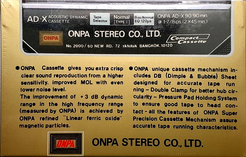 Compact Cassette ONPA AD-X 90 Type I Normal 1987 Thailand
