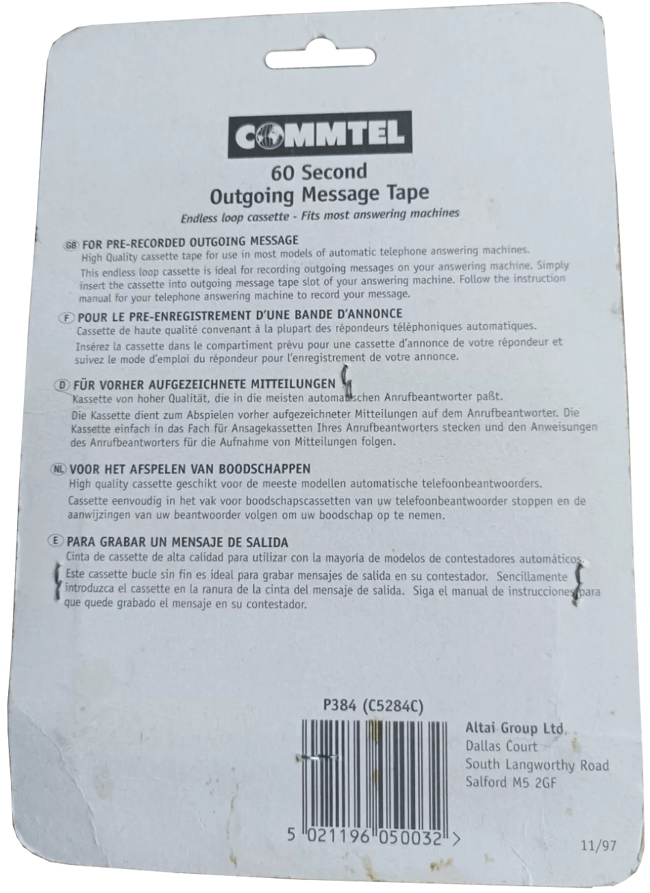 Blister Commtel 1 "Outgoing Message Cassette" Endless Cassette 1997 Europe