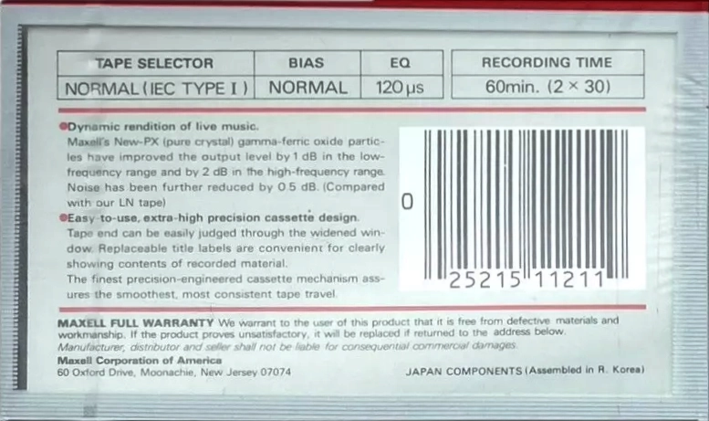 Compact Cassette Maxell UR 60 Type I Normal 1985 USA