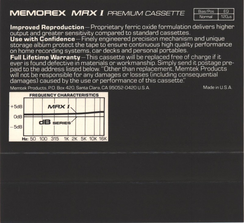 Compact Cassette Memorex MRX I 60 Type I Normal 1985 USA