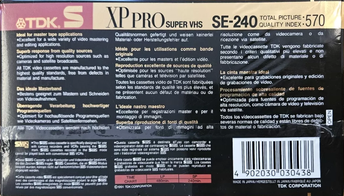 VHS, Video Home System TDK XP PRO 240 "SE-240 625" Type II Chrome 1991 Europe