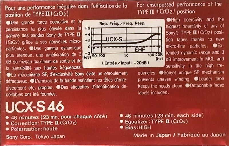 Compact Cassette Sony UCX-S 46 Type II Chrome 1982 North America