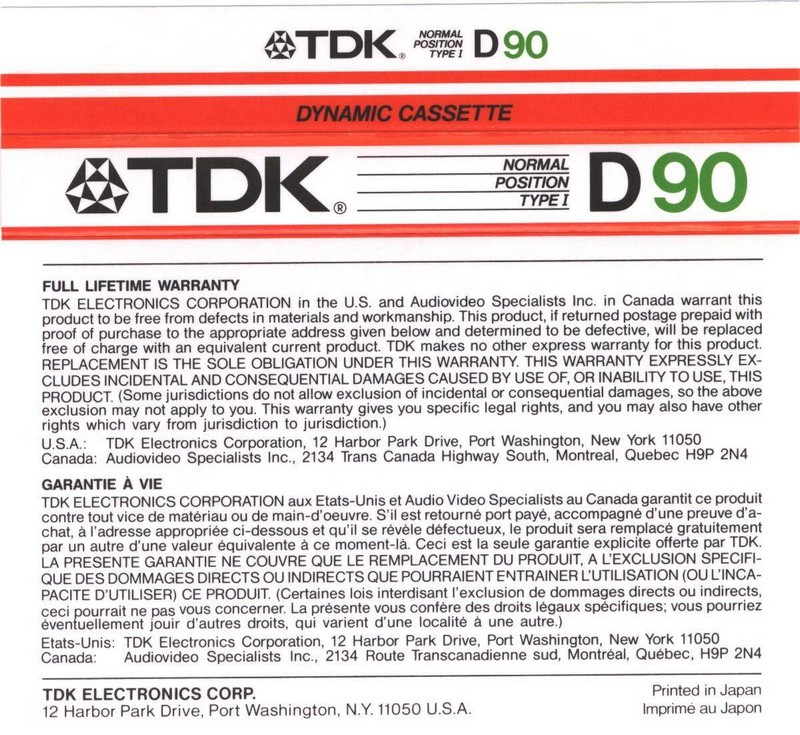 Compact Cassette TDK D 90 Type I Normal 1986 North America