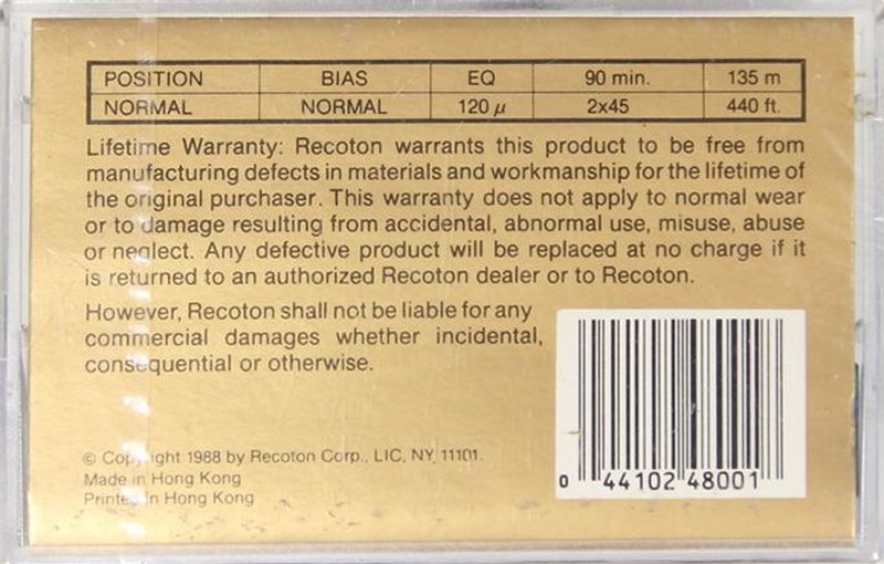 Compact Cassette Recoton XR 90 Type I Normal 1988 USA