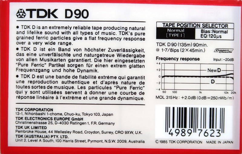 Compact Cassette TDK D 90 Type I Normal 1985 Australia, Europe