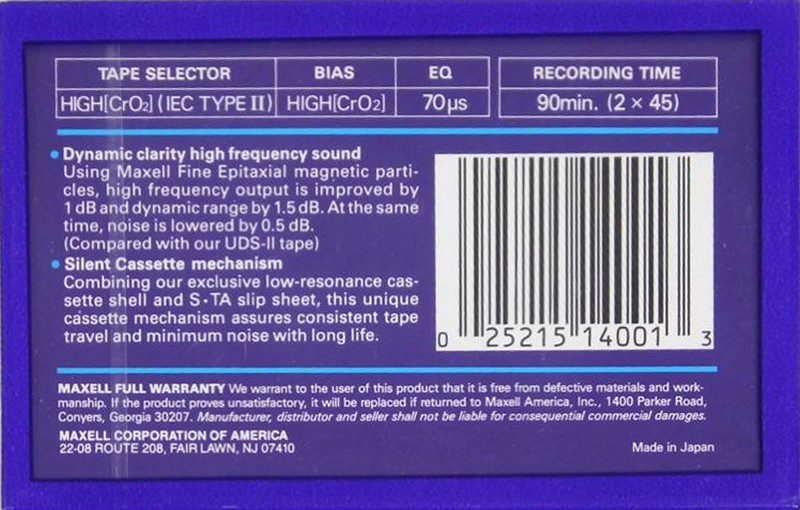 Compact Cassette Maxell UDX-II 90 Type II Chrome 1986 USA