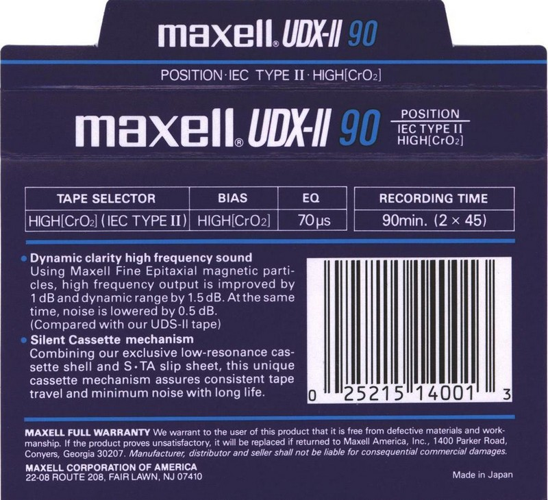 Compact Cassette Maxell UDX-II 90 Type II Chrome 1986 USA