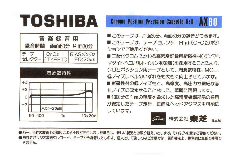 Compact Cassette Toshiba AX 60 Type II Chrome 1983 Japan