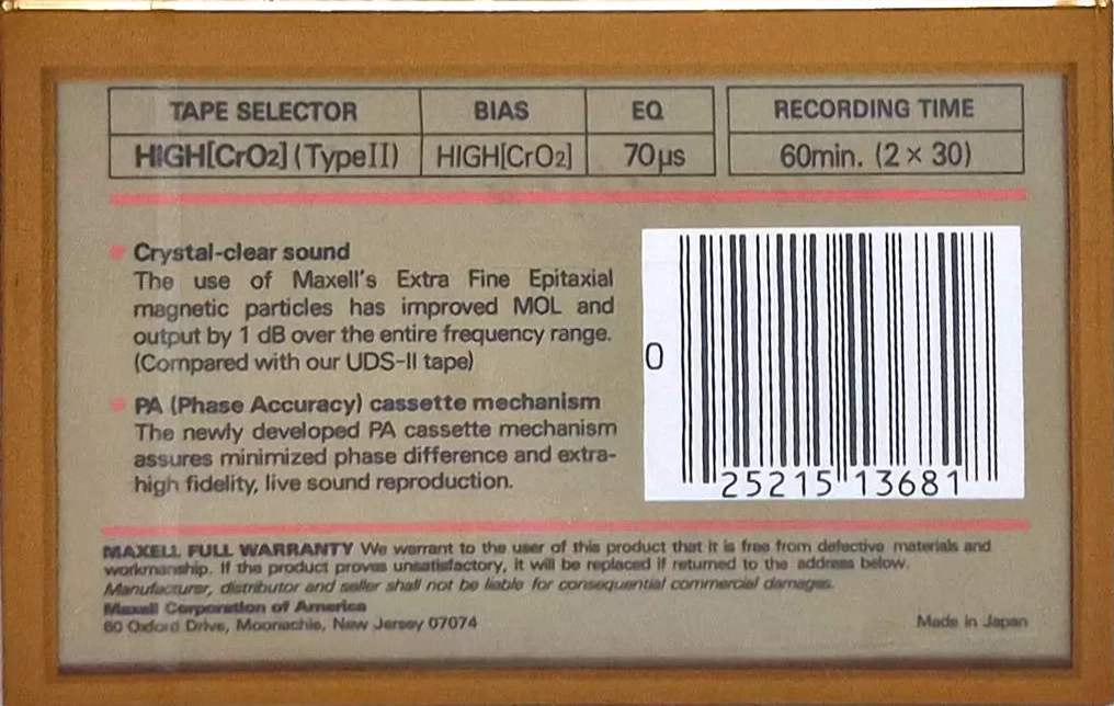 Compact Cassette Maxell XLII 90 Type II Chrome 1984 USA