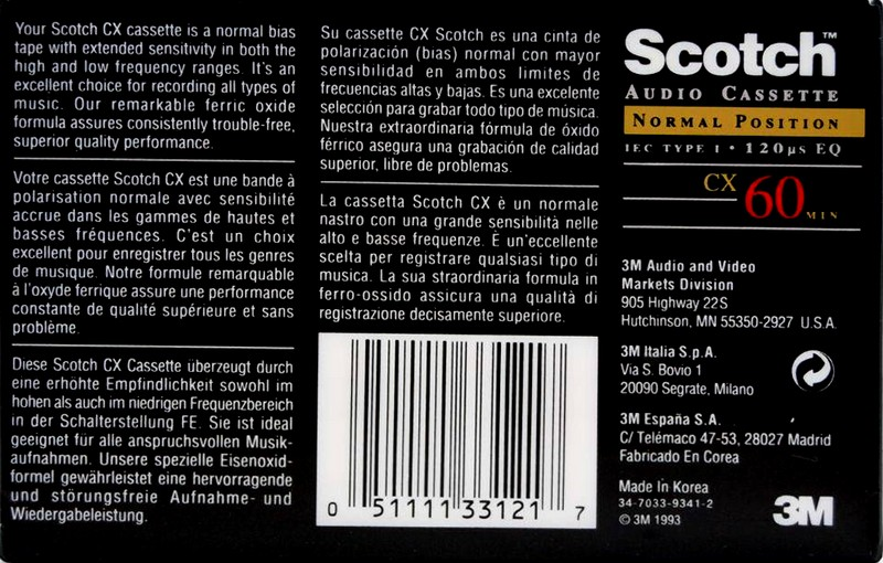 Compact Cassette Scotch CX 60 Type I Normal 1993 Worldwide