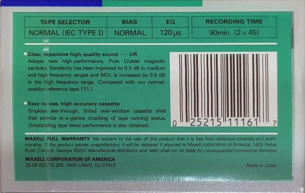 Compact Cassette Maxell UR 90 Type I Normal 1988 USA