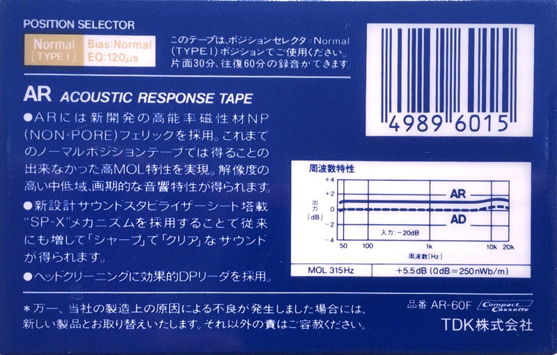 Compact Cassette TDK AR 60 "AR-60F" Type I Normal 1985 Japan