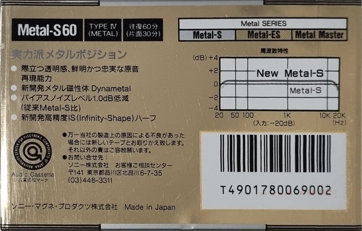 Compact Cassette Sony Metal-S 60 "Metal-S 60A" Type IV Metal 1988 Japan