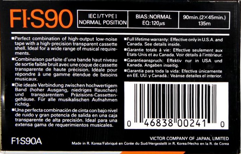 Compact Cassette JVC FI-S 90 "F1-S90A" Type I Normal 1990 North America