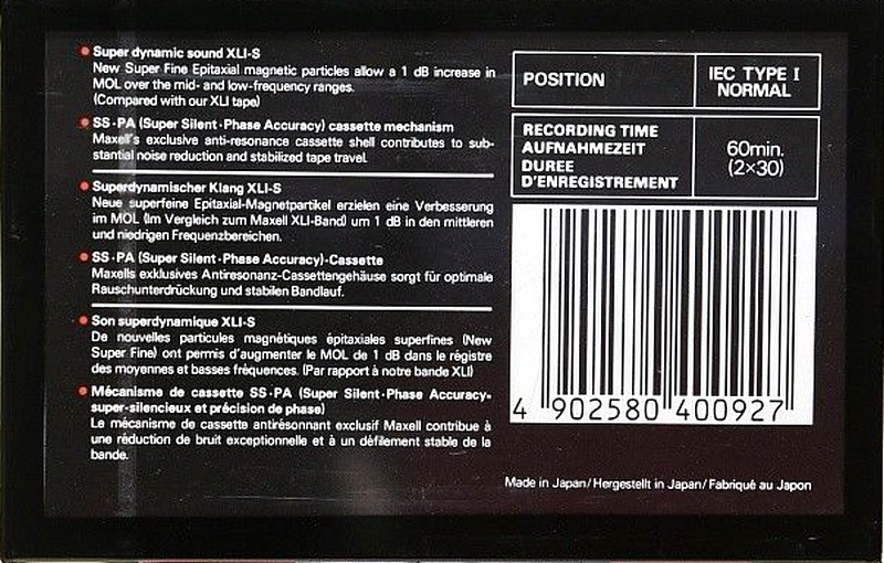 Compact Cassette Maxell XLI-S 60 Type I Normal 1986 Europe