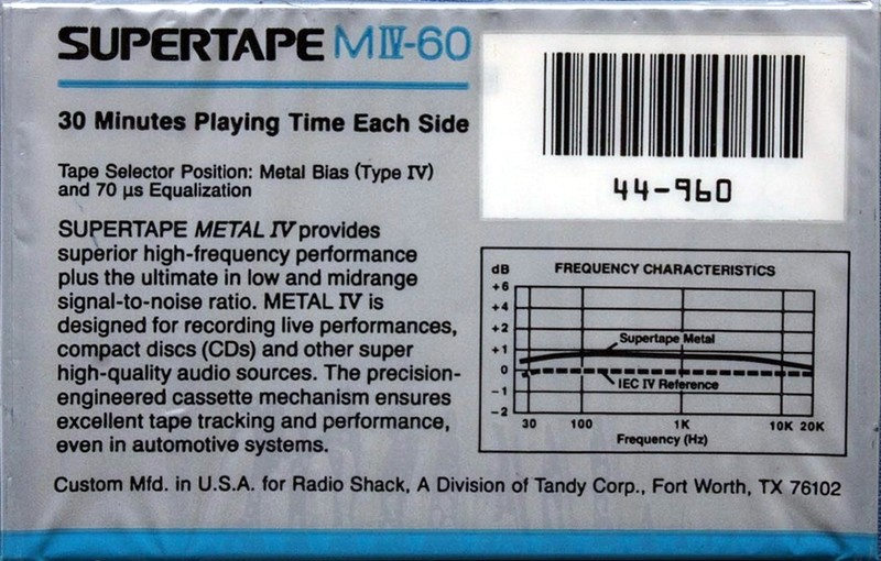 Compact Cassette SUPERTAPE MIV 60 Type IV Metal 1988 USA