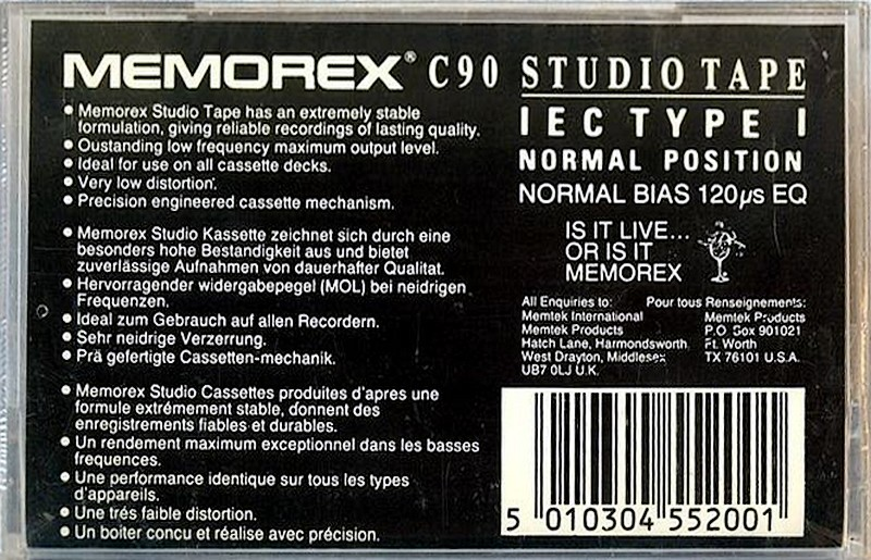 Compact Cassette Memorex Studio 90 Type I Normal Europe