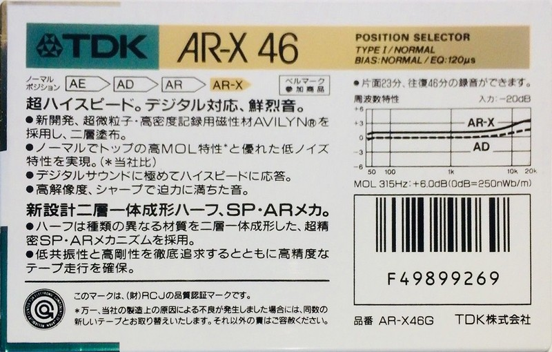 Compact Cassette TDK AR-X 46 "AR-X46G" Type I Normal 1987 Japan