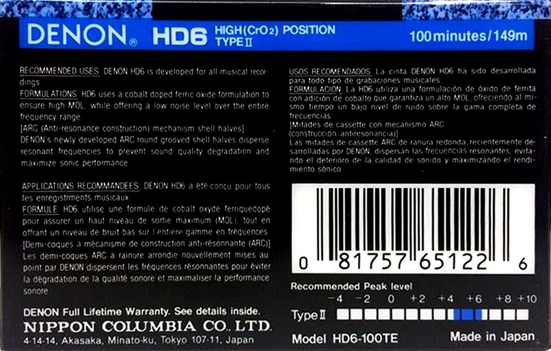 Compact Cassette Denon HD6 100 "HD6-100TE" Type II Chrome 1992 North America
