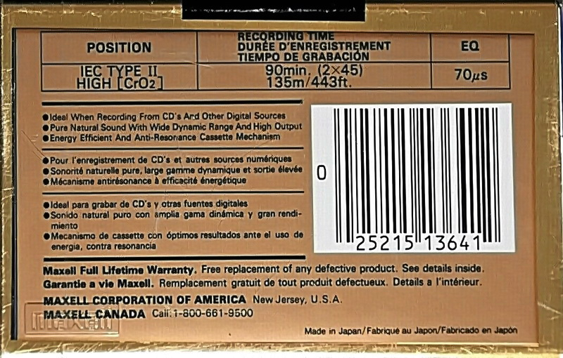 Compact Cassette Maxell XLII 90 Type II Chrome 1994 North America