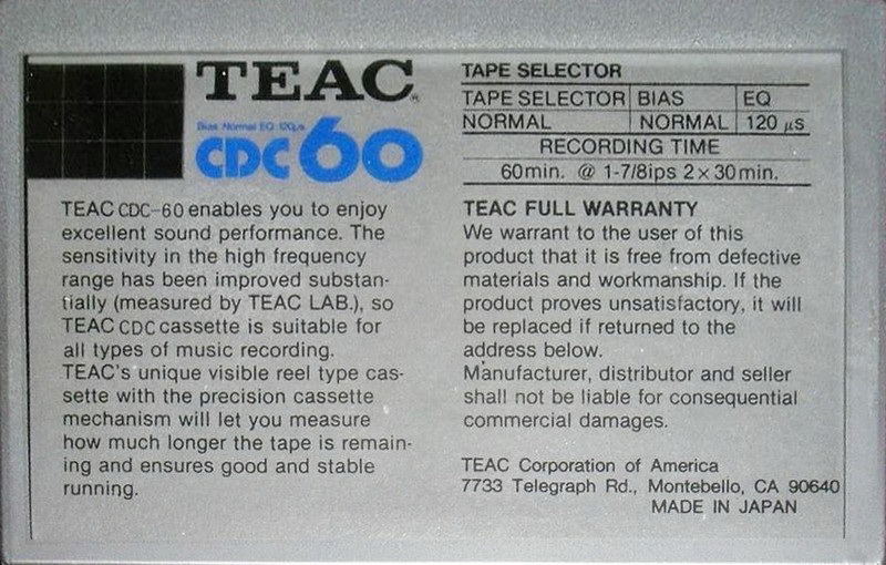 Compact Cassette Teac CDC 60 Type I Normal 1983 USA