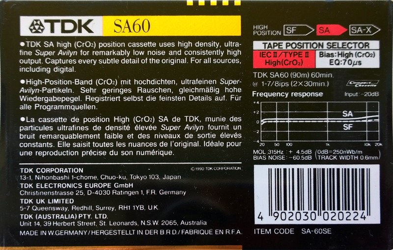 Compact Cassette TDK SA 60 "SA-60SE" Type II Chrome 1990 Australia, Europe