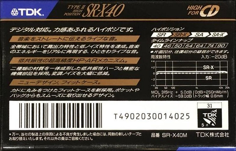 Compact Cassette TDK SR-X 40 "SR-X40M" Type II Chrome 1990 Japan
