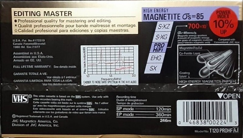 VHS, Video Home System JVC PRO HiFi 120 "T120 PROHF AJ" Type I Normal 1995 North America