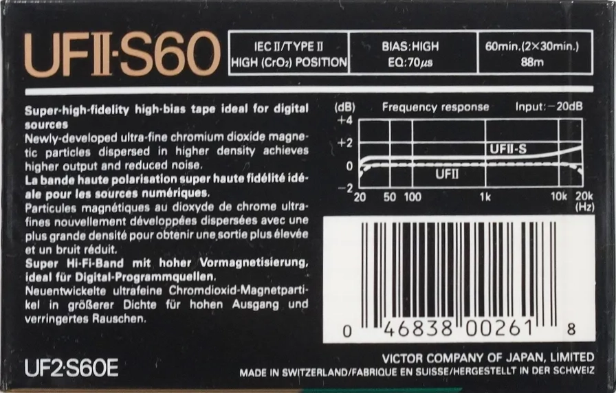 Compact Cassette JVC UFII-S 60 "UF2-S60E" Type II Chrome 1990 North America