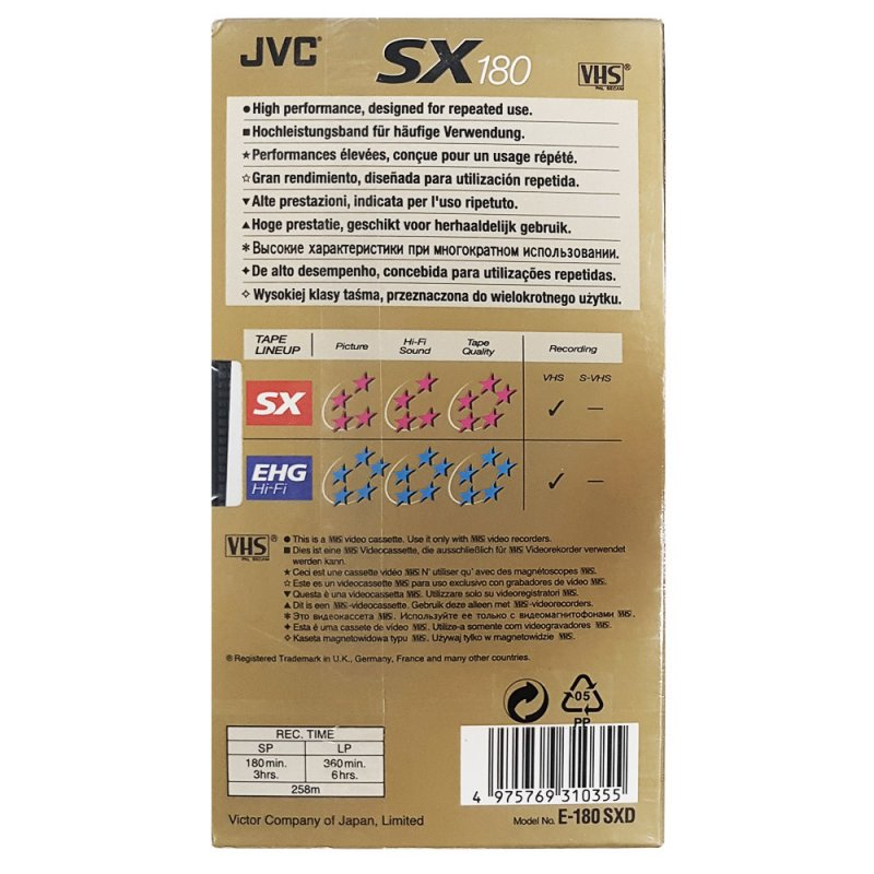 VHS, Video Home System JVC SX 180 "E-180 SXD" Type I Normal Europe