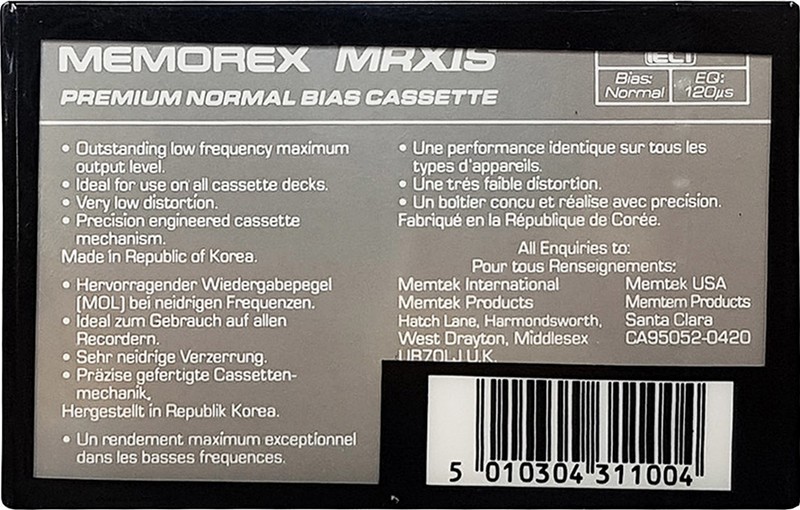 Compact Cassette Memorex MRX IS 60 Type I Normal 1988 Europe