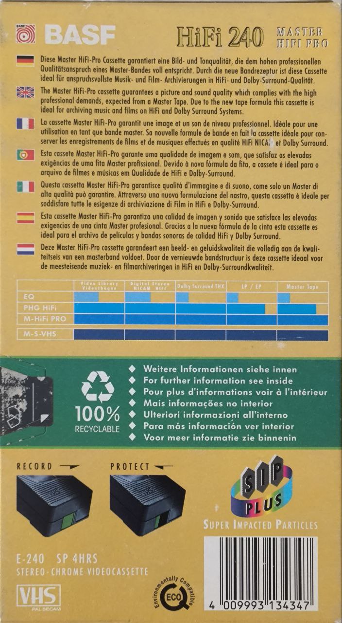 VHS, Video Home System BASF Master HiFi Pro 240 Type I Normal 1996 Europe
