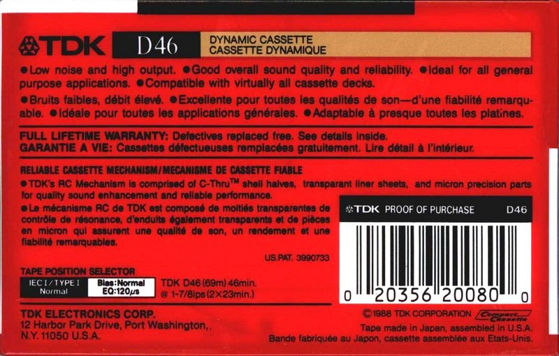 Compact Cassette TDK D 46 Type I Normal 1988 North America