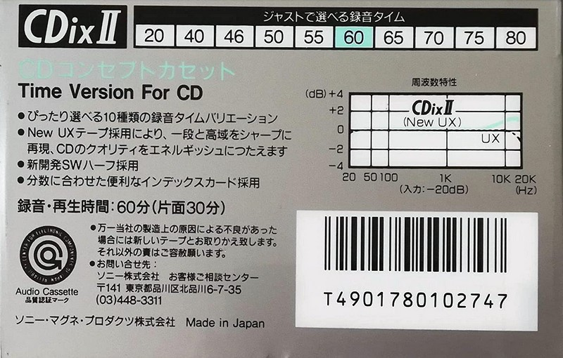 Compact Cassette Sony CDix II 60 Type II Chrome 1989 Japan