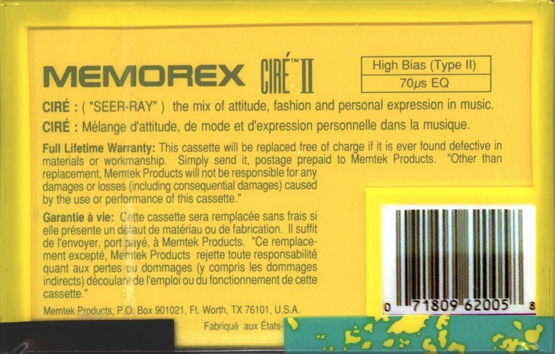 Compact Cassette Memorex Cire II 90 Type II Chrome 1991 Canada, USA