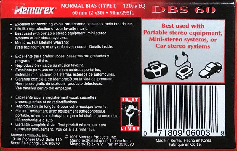 Compact Cassette Memorex dBS 60 Type I Normal 1997 North America