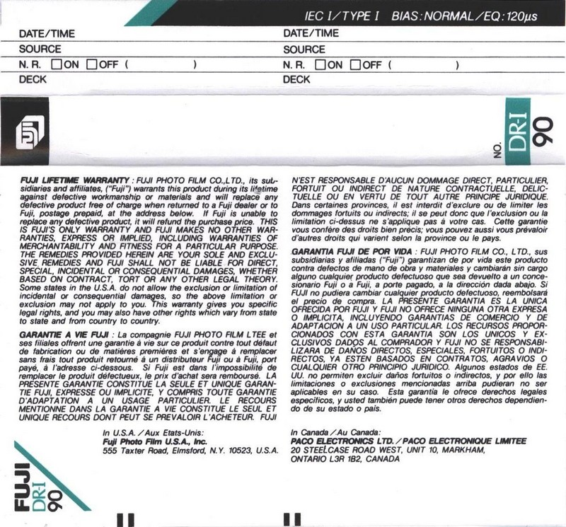 Compact Cassette Fuji DR-I 90 Type I Normal 1989 North America