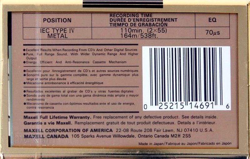 Compact Cassette Maxell MX 110 Type IV Metal 1992 North America