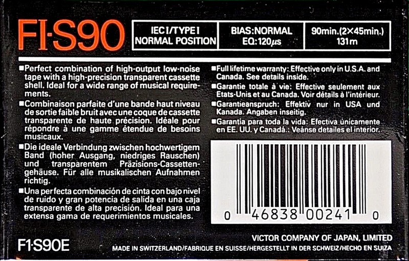 Compact Cassette JVC FI-S 90 "F1-S90E" Type I Normal 1990 North America