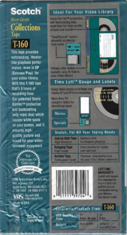 VHS, Video Home System Scotch Collections 160 Type I Normal 1994 USA