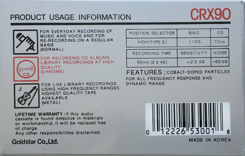 Compact Cassette Goldstar CRX 90 Type II Chrome 1989 USA