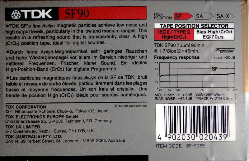 Compact Cassette TDK SF 90 "SF-90SE" Type II Chrome 1990 Australia, Europe