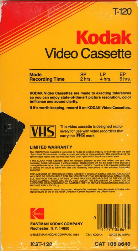 VHS, Video Home System Kodak XHG 120 "XGT-120" Type I Normal USA