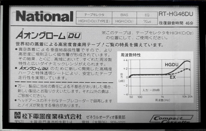 Compact Cassette National Angrom HG-DU 46 "RT-HG46DU" Type II Chrome 1985 Japan