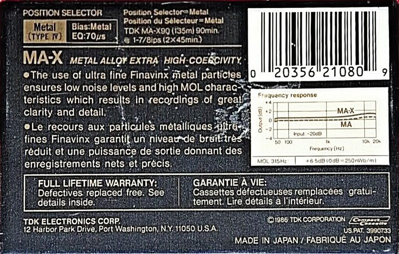 Compact Cassette TDK MA-X 90 Type IV Metal 1986 North America