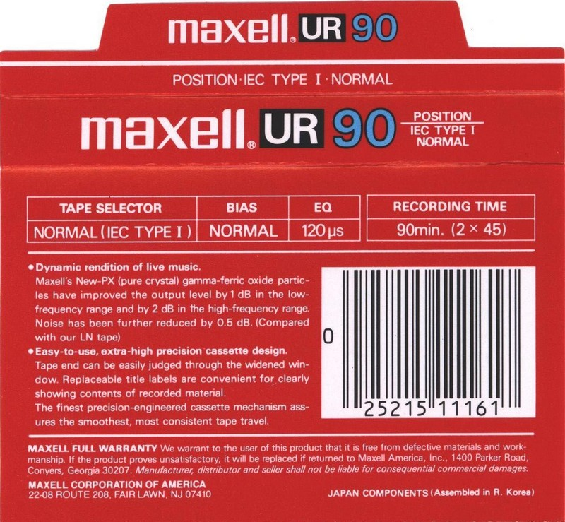 Compact Cassette Maxell UR 90 Type I Normal 1986 USA