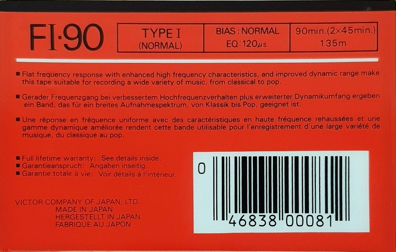 Compact Cassette JVC FI 90 "Dynarec" Type I Normal 1988 North America