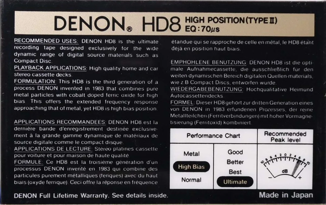 Compact Cassette Denon HD8 60 Type II Chrome 1988 Europe